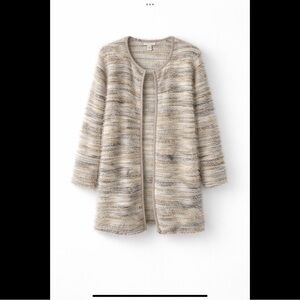 Calvin Klein Eyelash Knit Open Cardigan Faux Suede Trim Neutral Sweater